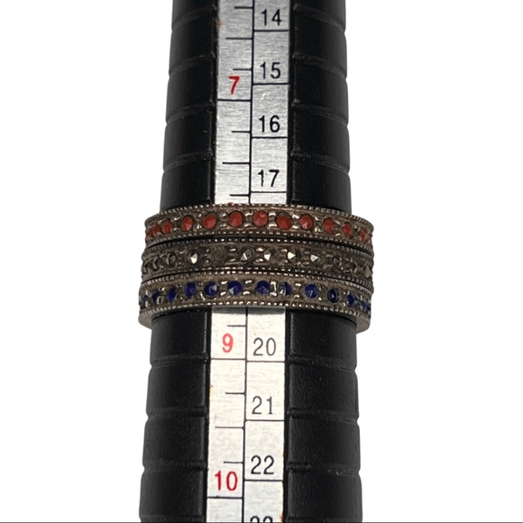 Vintage Sterling Silver Red White & Blue Paved Gemstone Stackable Band Rings - Picture 7 of 7